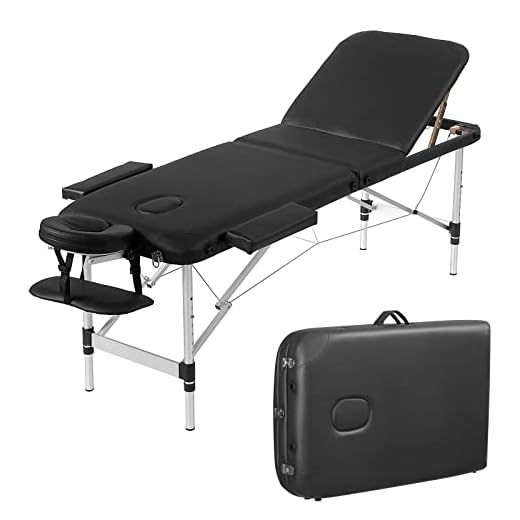 Prilinex Portable Folding Massage Table, 3 Sections Reclining Spa Bed, Aluminum Legs, with Carrying Bag, Face Cradle & Armrest - Easy Set Up, Lightweight, Height Adjustable 24" to 33" Black