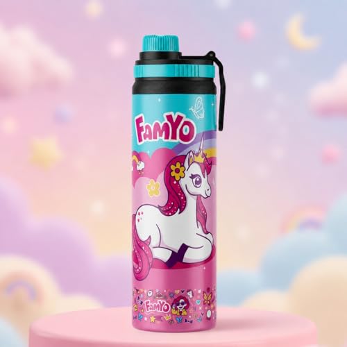 Image of Famyo Stainless Steel Unisex Kids Water Bottle 900ml, Unicorn Design | Girls & Boys, Leakproof Sipper with Carry Loop, BPA Free, Personalizable Name Space, School, Outdoor & Travel