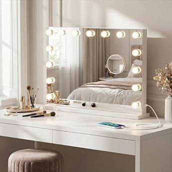 Foto di Bayt Specchio Hollywood con luci LED – Specchio Trucco Bianco 58x46 cm con 15 Lampadine Dimmerabili, 3 Tonalità di Luce (calda, fredda, naturale), Touch Screen & Specchietto Ingranditore 10x