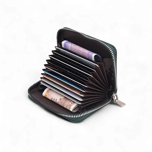 Image of 9 Slot RFID Genuine Leather Credit Debit Card Holder Wallet Money Zipper Coin Purse for Men & Women (Green)