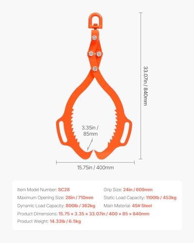 VEVOR 28in Log Lifting Tongs, 2-Claw Log Tongs, Heavy Duty Steel Log Grapple, 1100LBS Lifting Capacity, Swivel Log Graper Timber, Eagle Claw Design, Log Skidding Tongs for Trucks, Tractors, Forklifts — view 6