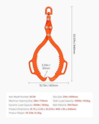Image of VEVOR Log Lifting Tongs 28in, 2 Serrated Claw Hook Log Tongs, Heavy Duty Steel Swivel Dragging Tongs, 1100LBS Log Grapple with Handles, Lumber Log Skidding Tongs for Tractors, Trucks, Forklifts, ATVs