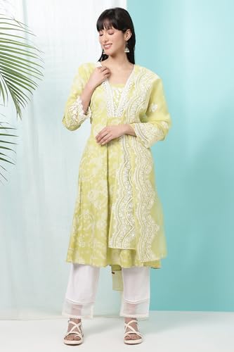 Image of W for Woman Floral Printed Shantung Flared Kurta, Straight Pants and Dupatta Set