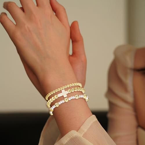 BOMAIL 10pcs Gold Beaded Bracelets for Women - Non Tarnish 14K Gold Plated Stackable Pearl Cross Dainty Gold Bracelets - Trendy Jewelry2