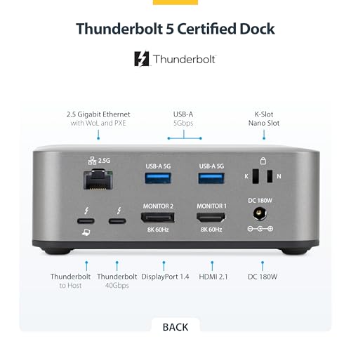 StarTech. com Thunderbolt 5 stacja dokująca, DP/HDMI, potrójna stacja dokująca do 4K 144 Hz lub podwójny 8K 60 Hz, 5 x porty USB, ładowanie laptopa 140 W