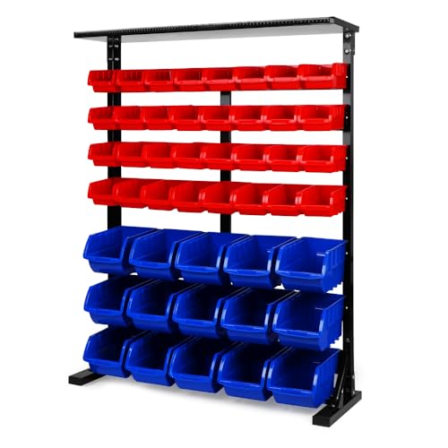 HORUSDY 47 Piece Metal Storage Bin Rack with Top Tray, Heavy Duty Powder Coated Steel Parts Organizer with 32 Red & 15 Blue Bins for Garage Workshop Shed