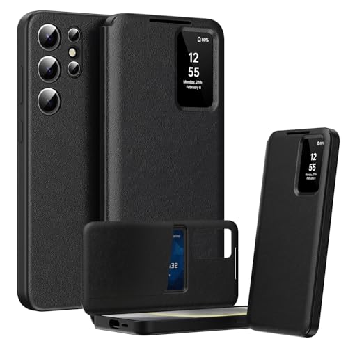 BRAND SET Premium Handyhülle S25 Ultra – Leder & PC Rahmen, Flip Case mit Kartenfach & Sichtfenster, Lederhülle für Samsung Galaxy S25 Ultra Hülle (Schwarz)