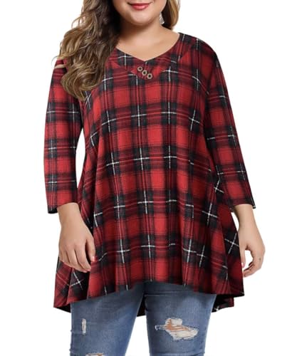 MONNURO Women's Plus Size 3/4 Sleeve Plaid Tunic Top - V Neck Button Casual Loose Swing Shirt For Leggings