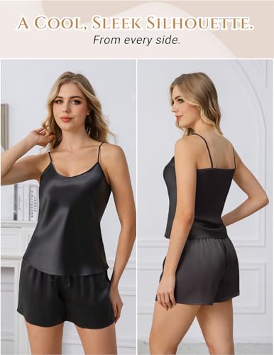 Image of THXSILK 100% Mulberry Silk Women Cami Pajama Set, Tank Top with Shorts Sleepwear, Adjustable Spaghetti Straps, Luxury Pj Set