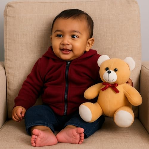 Image of Plush Teddy Bear, 18 cm, Peach with Red Bow, Soft Velvety Fabric