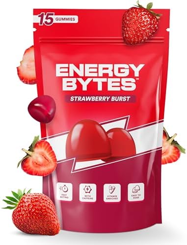 Energy Bytes - Caffeine Powered Gummies - Instant Energy Chews - Works 5X Faster Than Energy Drinks, Gels, Caffeine Tablets & Pills - Vegan - Strawberry Flavour (15 Count), 64 grams, Pack of 1