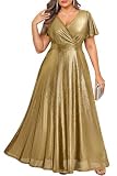 Plus Size Formal Dresses Long Gold Metallic Prom Evening Dress