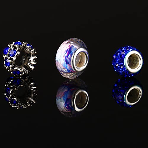 80 Pcs Assorted European Large Hole Beads, Spacer Glass Beads Rhinestone Metal Macrame Charms Supplies For Diy Crafts Bracelets Necklaces Jewelry Making(Royal Blue) #TOP6