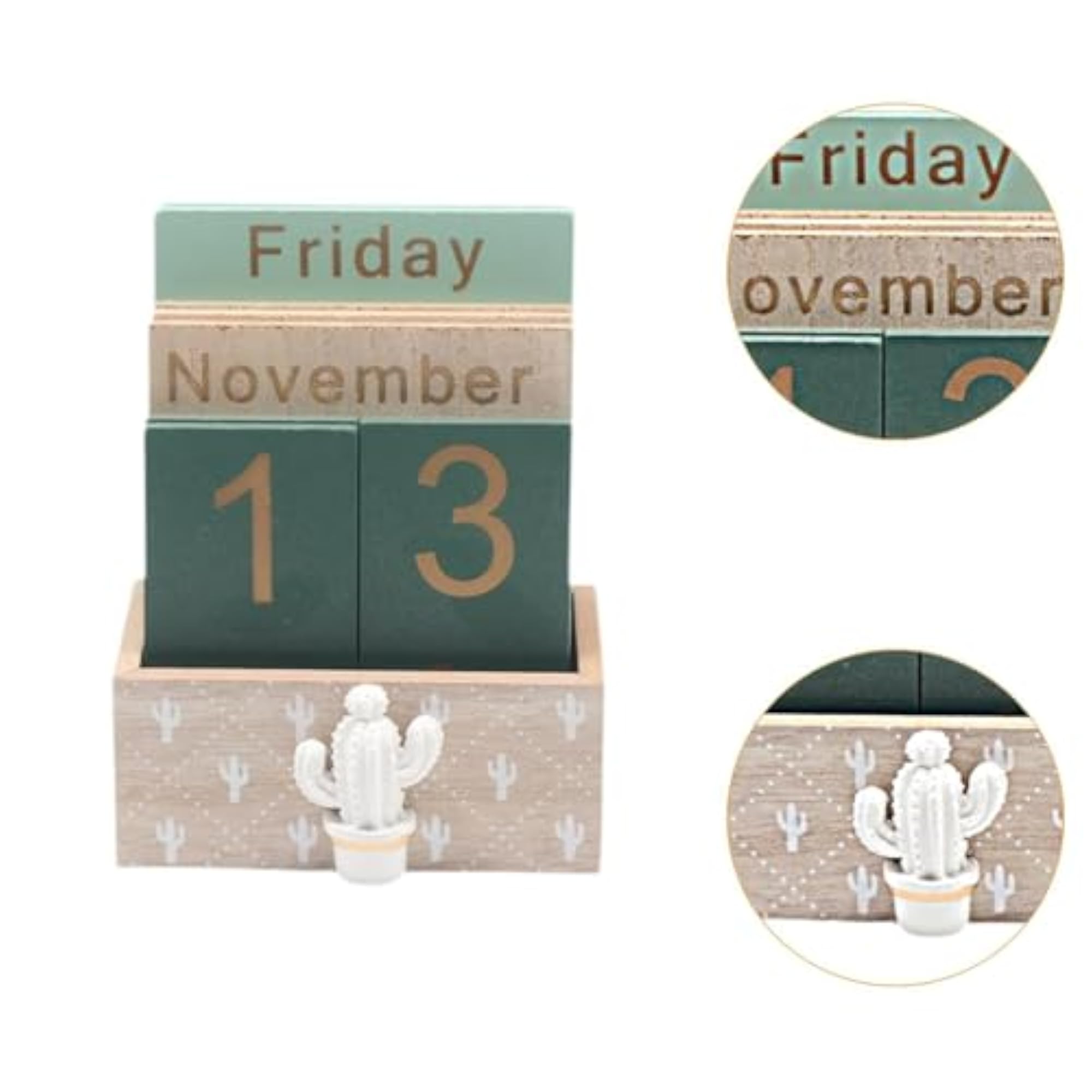 Wood Block Perpetual Calendar for Desk, Cactus Design