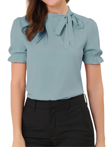 Allegra K Women's Bow Tie Top, 1940 Vintage Elegant Office, Short Sleeve Blouse Mint Blue L