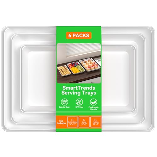 SmartTrends 6-Pack Serving Tray for Parties, Serving Platter in 3 Sizes for Entertaining, Camping & Food Display, Plastic Trays for Cookies, Dessert, Stackable Rectangular Platters for Family(White)