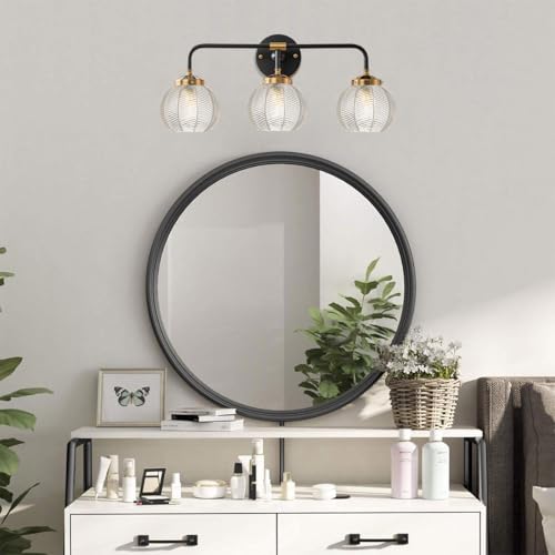 Image of Farmhouse Vanity Light Vintage Modern Light Fixture for Bathroom Globe Wall Sconce Indoor Clear Glass Ribbed Mid Century Wall Sconce 3 Lights Over Mirror Vanity Lighting Bathroom