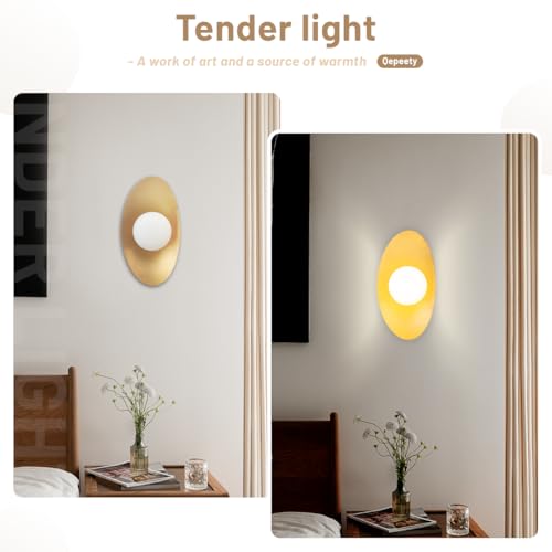 Image of Mid Century Gold Wall Sconce, 13.8 inch Modern Wall Lamp with Opal White Glass Globe, Retro Pendant Light for Living Room Entryway Vanity Bedroom