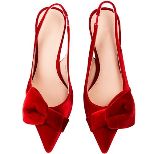 Image of Women's Slingback Heels with Bow Pointed Toe Pumps with Elasticated Strap 3.3 inch High Heels for Evening Dress Shoes