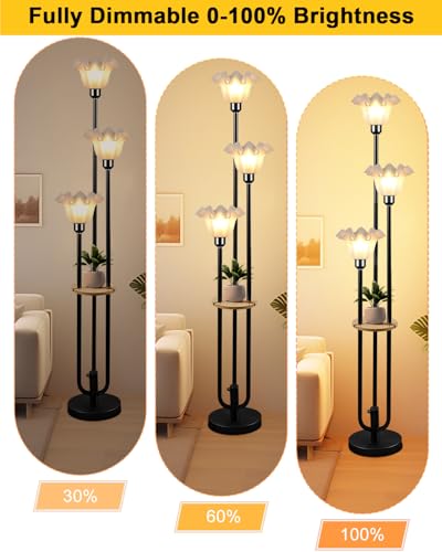 Image of Lightdot Flower Floor Lamp for Living Room Dimmable Vintage Floor Lamp with Shelf & Bulbs Included Mid Century Black Floral Standing Tall Lamp with 5Lbs Heavy Base for Bedroom /Sofa Beside /Corner Decor