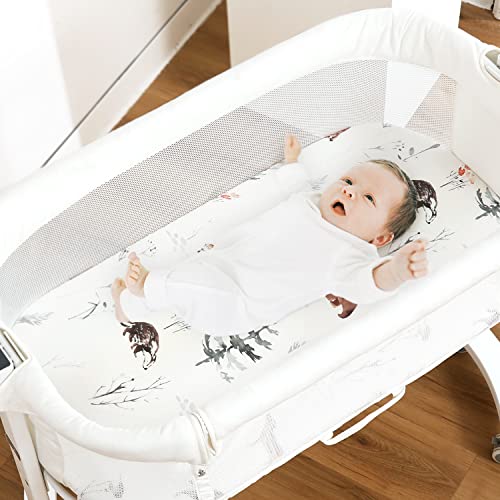 Image of Stretchy Ultra Soft Fitted Bassinet Sheet Set 3 Pack, Universal Fit for Bassinets Baby Cradle Moses Basket Oval Rectangle Mattress Safe and Snug, Cute Jungle Squirrels and Animals