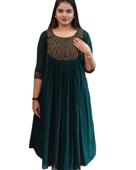 wealthy women Women's Embroidered Kurti, Floral Yoke Design, 3/4 Sleeves, Pleated, Green and Black-picture-49