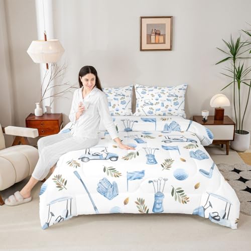Image of Feelyou Golf Comforter Set King Size Leaves Bedding Set for Kids Boys Girls Sports Golfing Theme Duvet Quilt Bedroom Decor Microfiber 3 Pcs with 2 Pillow Cases
