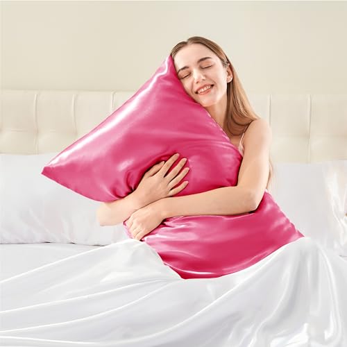 BEDELITE Satin Pillowcase with Zipper 2 Pack, Hot Pink Pillow Cases Standard Size, Super Soft and Cooling Similar to Silk Pillow Cases, Gift for Women Men(20x26 Inches)