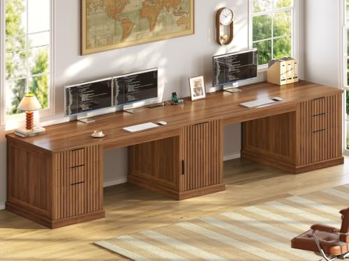 Image of SEDETA Fluted 110.3 inch Two Person Desk with 7 Drawers, Fluted Brown | Long Computer Desk with Storage Cabinet, 2 Person Desk with Power Outlets