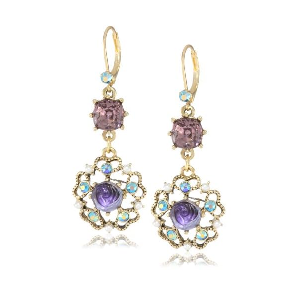 Betsey-Johnson-Carved-Flower-Medallion-Crystal-Gem-Drop-Earrings Betsey Johnson Carved Flower Medallion & Crystal Gem Drop Earrings,Purple