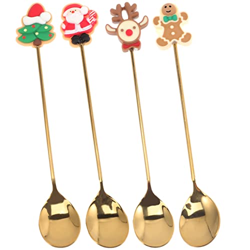 4pcs Christmas Coffee Spoon Set Ice Cream Soup Stainless Steel Stirring Spoon Sugar Dessert Teaspoons Mixing Stirrer Kitchen Tableware Soup Spoon for Xmas Party Table Decorations Gold