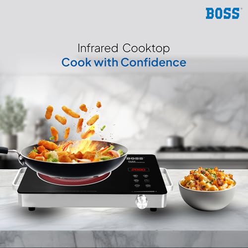 Image of BOSS Flex Infrared Cooktop 2200W | 3 Preset Menus | Grill Stand to BBQ & Roast | Glass & Digital LED Display with Functions | Adjustable Temperature Knob | SS Handle | Auto Cut-Off