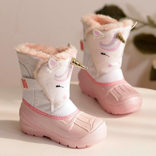 Mnplciea Unicorn Girls Snow Boots Slip Resistant Toddler Girl Boots Mid Calf Faux Fur Lining Lightweight Athletic Outdoor Warm Waterproof Girls Winter Boots for Toddler/Little/Big Kids3