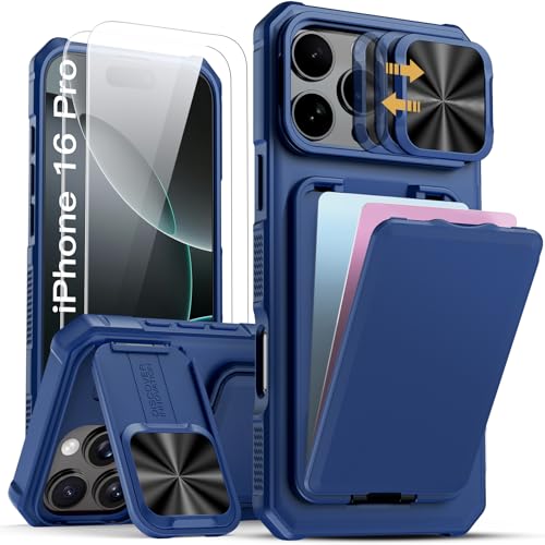 SSLOTSCASE for iPhone 16 Pro Case with 2X Screen Protector, Stand & Card Slot & Sliding Lens Cover [Military-Grade Protection] Heavy Duty Shockproof Wallet Case Cover for iPhone 16 Pro 2024, Blue