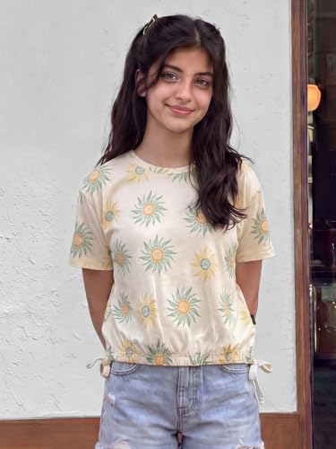 Image of Li'l Tomatoes Girls 100% Cotton Printed Top | Half Sleeve Casual Summer Top for Girls | Soft & Breathable Everyday Wear | Floral Sunflower Print | 9-16 Years