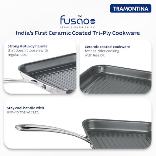 Image of Tramontina FUSAO EX+ 26cm Triply Stainless Steel Ceramic Coated Grill Pan | Pan for Grilling, Searing, Barbeque | Tandoori Pan /Grill | Gas /Induction Cookware | Stay Cool Handle | 10 Year Warranty*