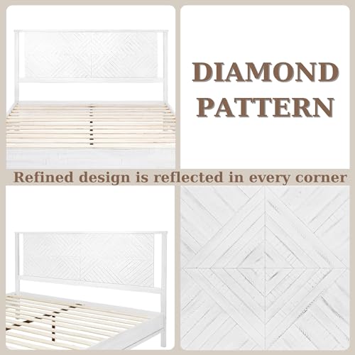 Image of Bme Ethan Queen Bed Frame with Diamond Headboard, Mid-Century Modern, Solid Acacia Wood, No Box Spring Needed, Fits All Mattresses, Rustic White