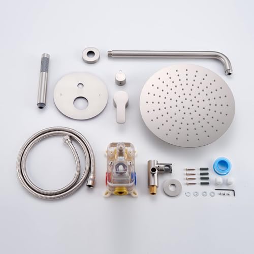 Image of Iriber Brushed Nickel Shower System Wall Mounted Shower Faucet Mixer Set with 12 Inches Rain Shower head and Handheld, Bathroom Shower Trim Kit Contain Pressure Balance Valve