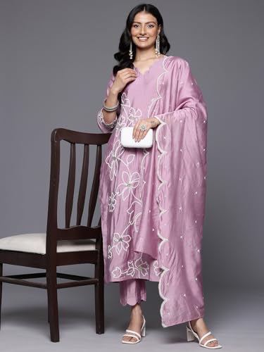 Image of Varanga Women's Silk Blend Kurta Set - Elegant Mauve Silk Kurta for Festive & Special Occasions