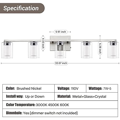 Stambord Bathroom Light Fixtures, 5 Light Brushed Nickel Bathroom Vanity Light Over Mirror, 3 Color Led Vanity Lights With Crystal Bubble Glass, Dimmable Wall Sconce Lighting For Bathroom，Living Room #TOP3