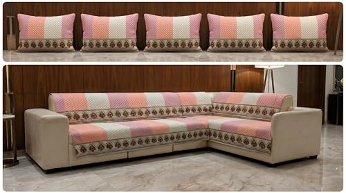 Image of Luxury Sofa Cover L Shape 5 Seater with Matching Cushion Cover 16x16 inch - Pastel Pink Stripe 3+2 Seater (5 Seater) Quilted Sofa Cover Set Pack of 10, Washable, Pink Peach Cream