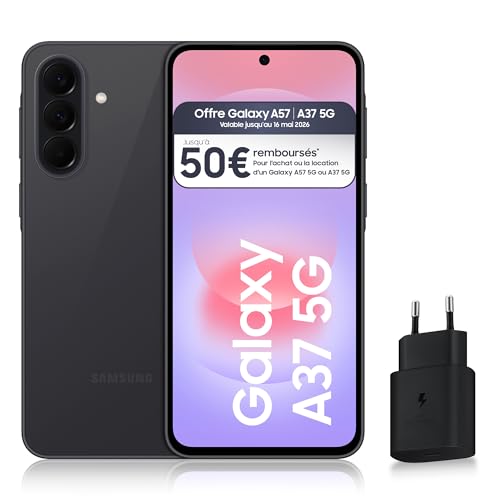 Samsung Galaxy A37 5G, Smartphone Android, 256 Go, Chargeur Secteur Rapide 25W Inclus, Smartphone déverrouillé, Graphite, Version FR