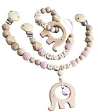 Kinderwagenkette Schnullerkette und Greifling Mit Namen Im Set Elefant Hexagon Häkelperle Rosa/In Blau möglich Babygeschenk