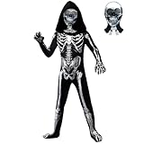 Kids Halloween Skeleton Costume, Hooded Skeleton Jumpsuit Bones with Mask for Boys and Girls Halloween Cosplay Costume Party (Black, 7-8 Years)