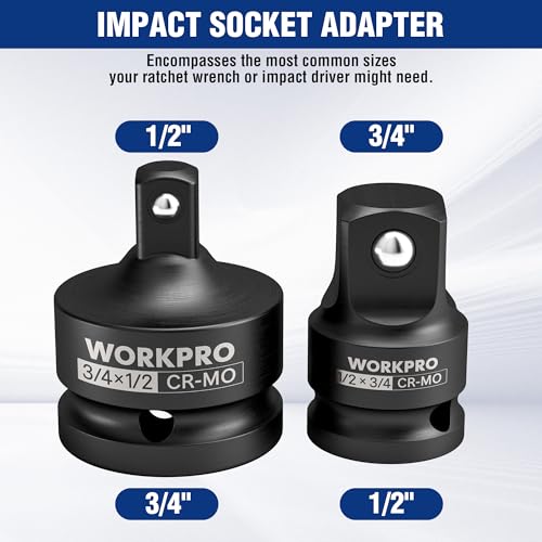Image of WORKPRO CR-MO 2-Piece Impact Adapter Reducer Set, 1 /2F-3 /4M, 3 /4F-1 /2M | CR-MO Reducer Set with Ball-Lock Retention and Phosphate Finish; 1 /2F-3 /4M and 3 /4F-1 /2M Conversions for Impact Tools