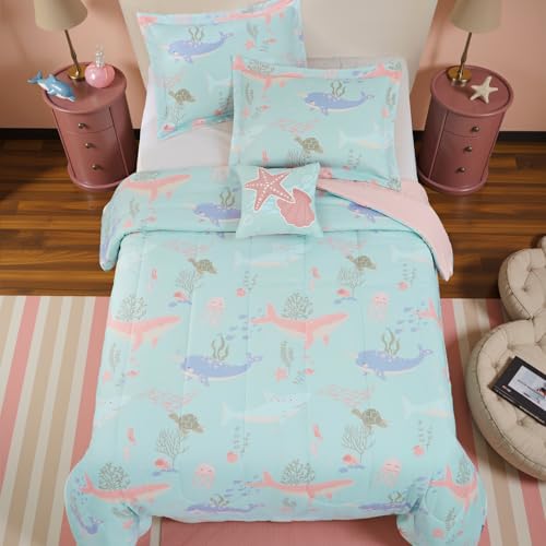 Glow in The Dark Kids Comforter Set Full Size for Girls, Ocean Animals Bedding Set 1 Comforter, 1 Decor Pillow, 2 Pillow Shams