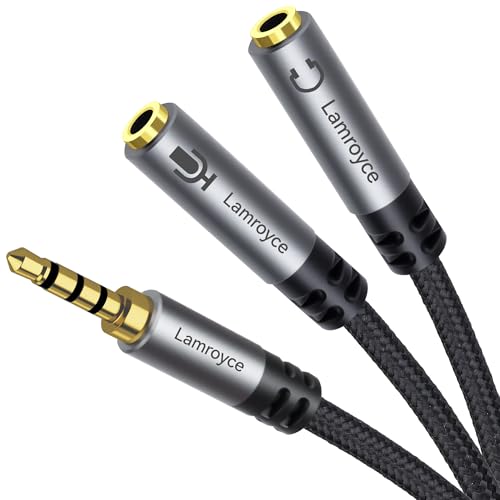 1/8inch Aux Headphone Splitter Cable 1Feet 3.5mm TRRS 1 Male to 2 Dual TRS Female (Microphone and Audio) Y Adapter Headphone and Mic Separator for Gaming Headset to PC Laptop Smartphone PS4 Xbox