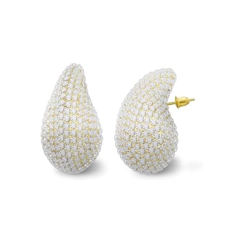 Gold Crystal Chunky Hoop Earrings for Women Sparkly Colours Rhinestone Waterdrop Teardrop Earrings Fashion Jewelry for Women (White Crystal) Cover