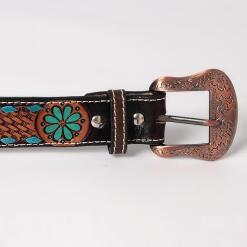 Brown Turquoise Buckstitch Flower Basket Hand Tooled Fashion Premium Leather Belt Unisex Western Removable Buckle3