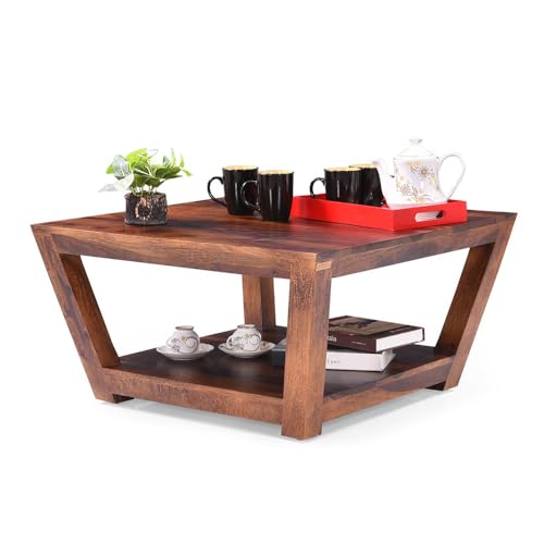 Image of Royaloak Dave Wooden Coffee Table | Solid Sheesham Coffee Table Wooden for Living Room| Modern Design with Curved Legs | Bottom Shelf | Stunning Natural Grain Patterns | Coffee Table for Living Room